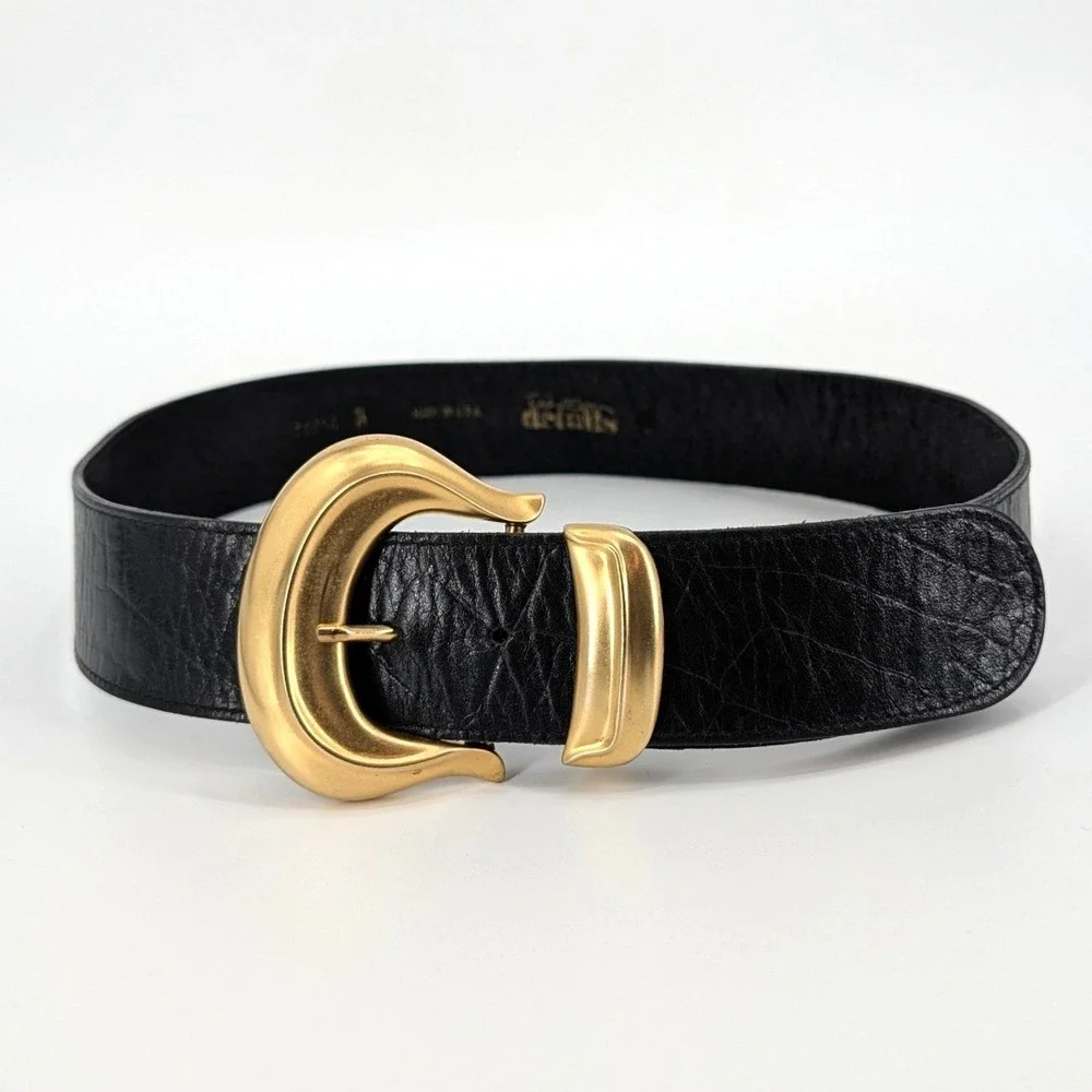 Patricia Nash Details Black Leather Belt Oversized Gold Sculptural Buckle USA M